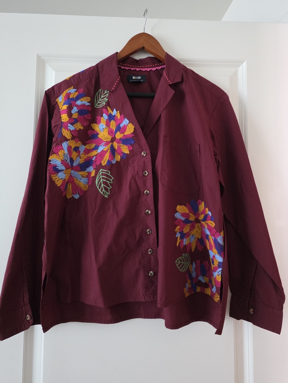 Anthropologie Maeve Wine Embroidered Button Down Long Sleeve Boho Shirt Size 10